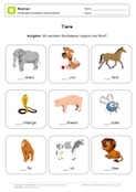 Arbeitsblatt: Anfangsbuchstaben einsetzen bei Tieren