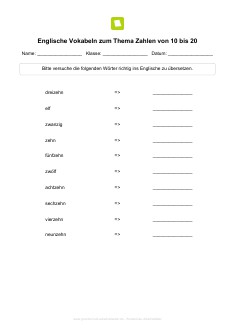 Arbeitsblatt: Englisch Vokabeln: Zahlen von 10-20