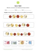 Arbeitsblatt: Münzen und Scheine nach Größe sortieren