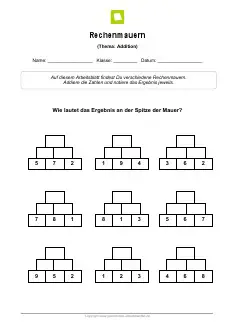 Arbeitsblatt: Rechenmauern Addition