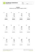 Schriftliche Subtraktion - Zahlenraum bis 100: 3 Summanden - Arbeitsblatt 08
