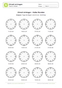 Arbeitsblatt: Uhrzeit eintragen - Halbe Stunden