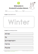 Arbeitsblatt: Winterwörter in Druckschrift schreiben (Nomen)