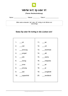 Arbeitsblatt: Wörter mit Sp oder St
