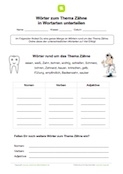 Arbeitsblatt: Wortarten zum Thema Zähne unterteilen