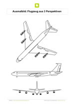 Ausmalbild Flugzeug aus 3 Perspektiven