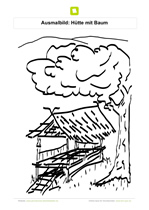 Ausmalbild Hütte mit Baum