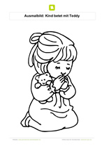 Ausmalbild Kind betet mit Teddy