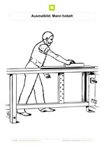 Ausmalbild Mann hobelt an großer Werkbank