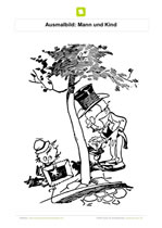 Ausmalbild Mann und Kind am Baum