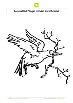 Ausmalbild Vogel mit Ast im Schnabel